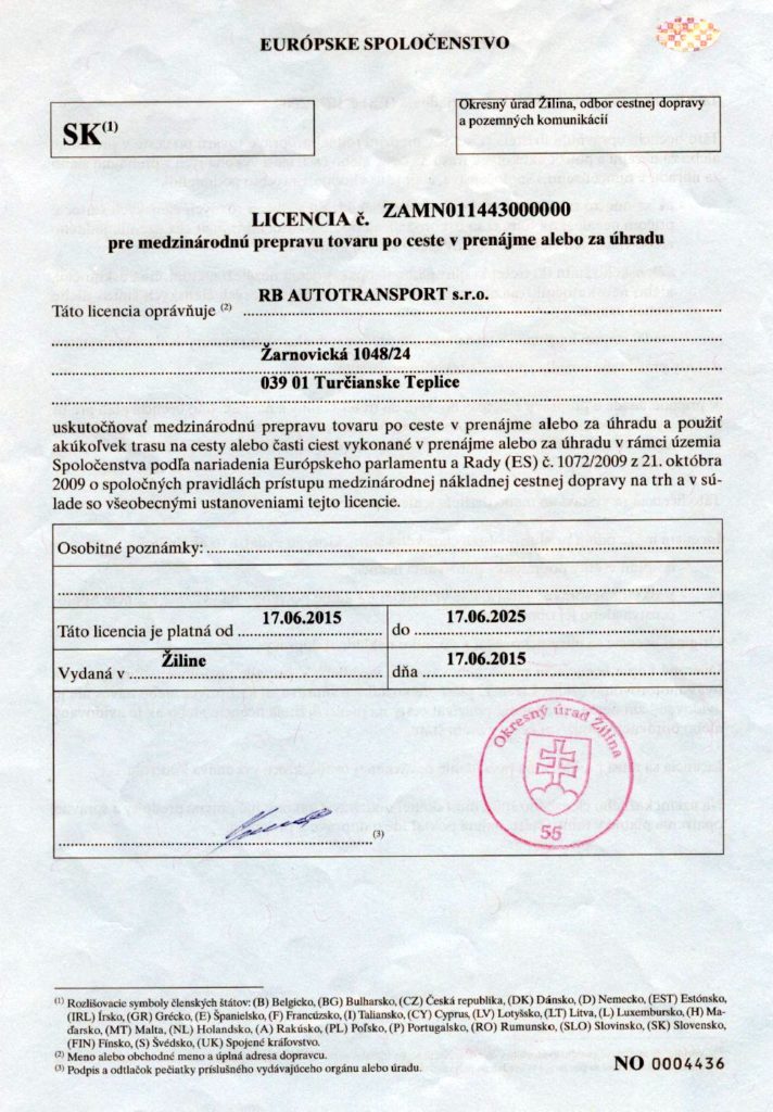 Licencia pre medzinárodnú prepravu 